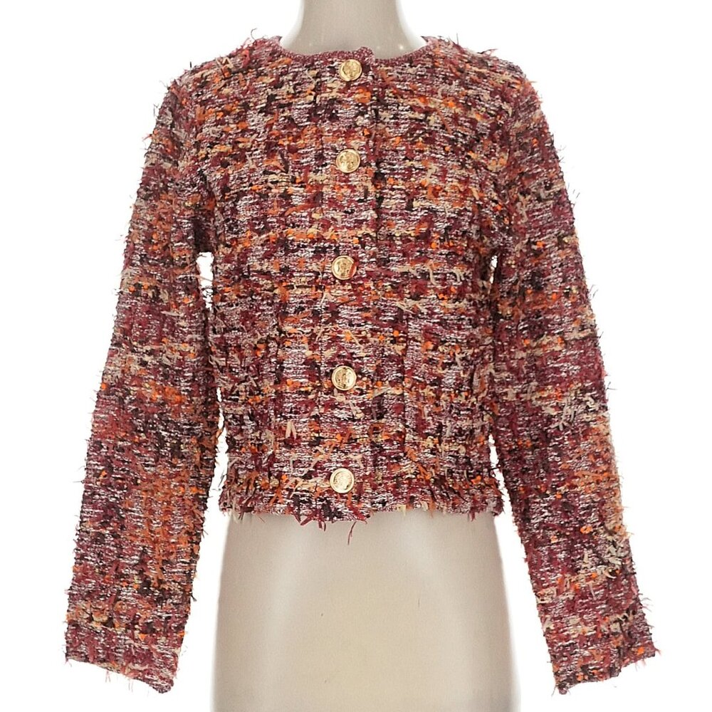 ZARA COTTON CHUNKY KNIT TEXTURED GOLD BUTTON CARDIGAN BOUCLE JACKET S